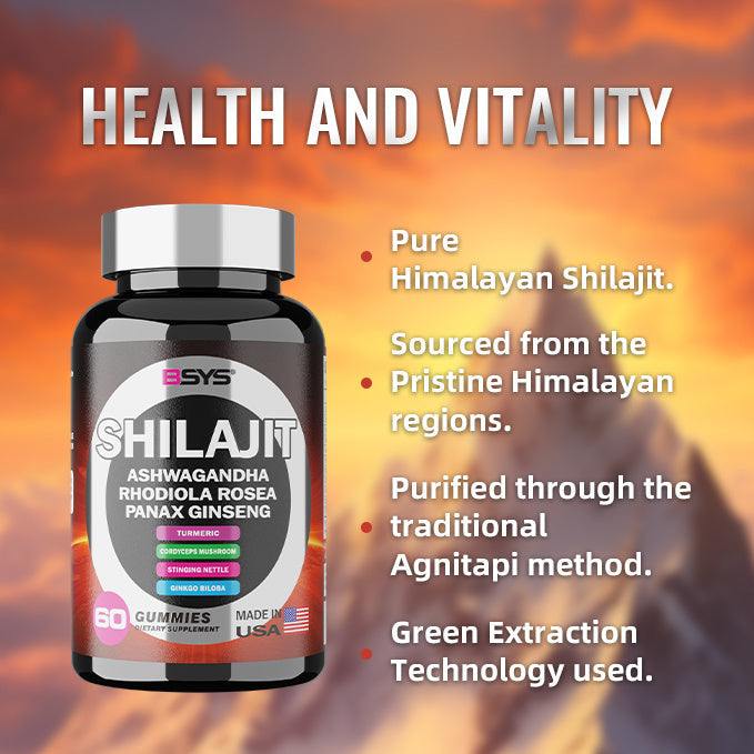 BSYS 8IN1 Shilajit Gummies 60's bottle with highlighted ingredients and USA origin.