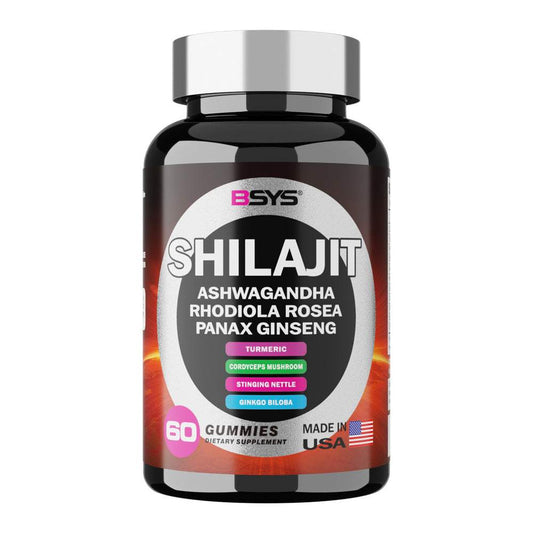 BSYS 8IN1 Shilajit Gummies 60's bottle with highlighted ingredients and USA origin.