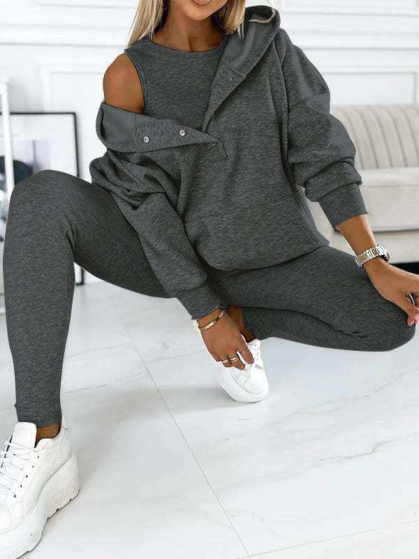 3pcs women's sports suit with hooded sweatshirt, vest, and slim trousers in light blue.