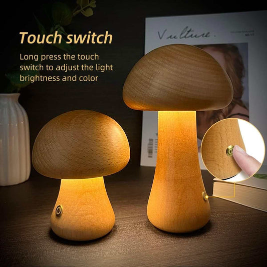 Wooden cute mushroom LED night lights on a bedside table, suitable for children's room decor.