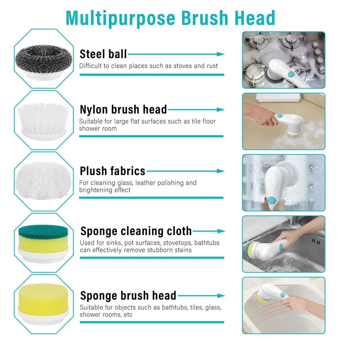 Electric handheld kitchen scrubber with five brush heads for versatile cleaning.