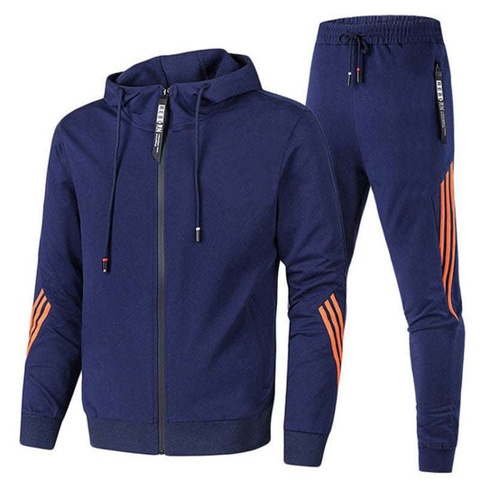 Men's leisure sports suit in navy blue with orange accents, hooded long-sleeve top, and trousers, suitable for spring and autumn.