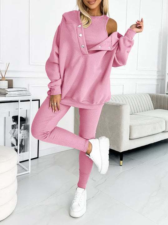 3pcs women's sports suit with hooded sweatshirt, vest, and slim trousers in light blue.