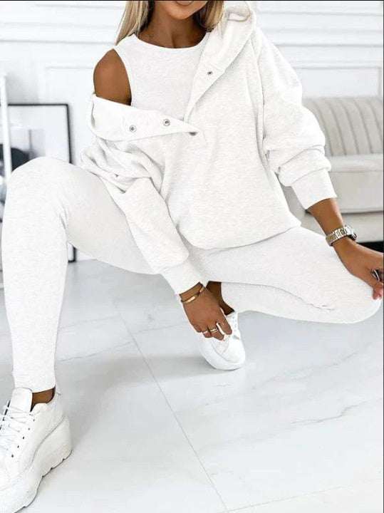 3pcs women's sports suit with hooded sweatshirt, vest, and slim trousers in light blue.