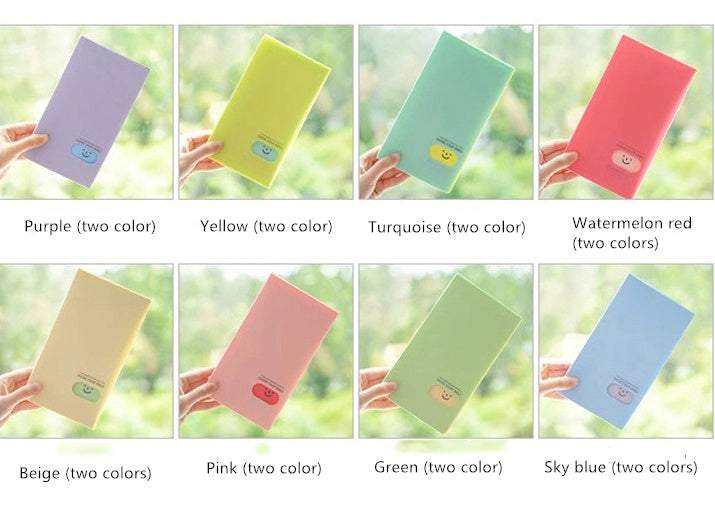 Plastic business card case in pink, open to show cards. Suitable for business gifts.