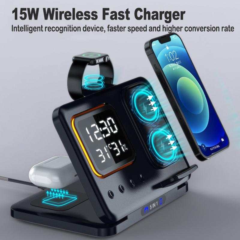 Wireless Chargers Stand 15W wireless charging stand with LED clock, phone, watch, and headphone charging slots.