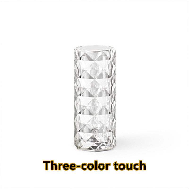 USB Table Lamps Nordic crystal USB table lamp with diamond design, touch dimming, and rose projector effect for bedroom decor.