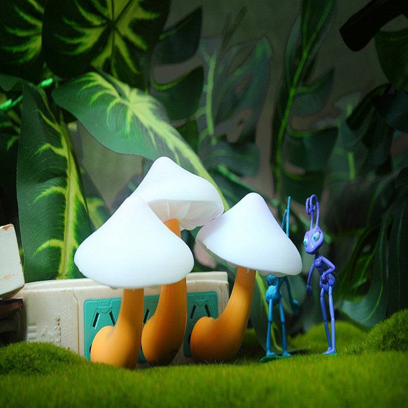 LED Night Light Mushroom Wall Socket Lamp with light-control sensor, EU US Plug, warm white glow for bedroom decoration.