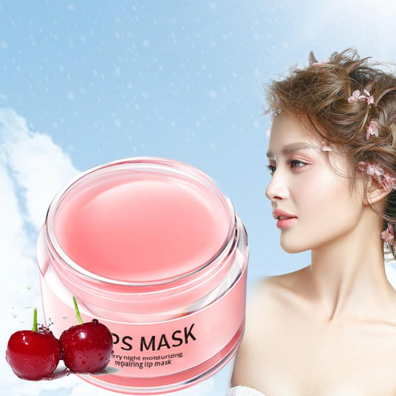 Lip Skin Care Moisturizing lip mask with cherries and black lid, perfect for hydrating and nourishing lips.