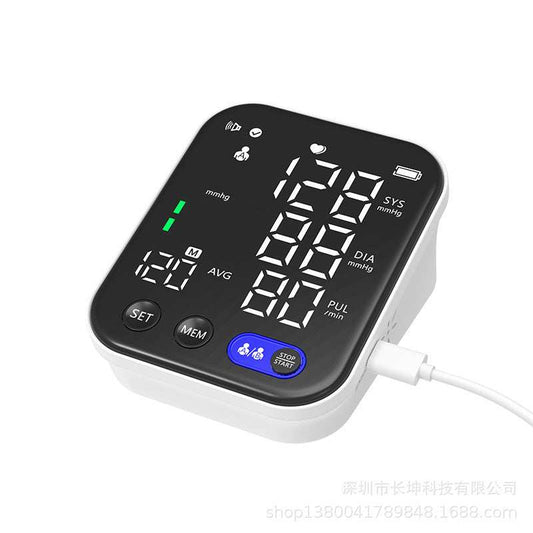 Electronic blood pressure monitor with large screen for real-time measurement.