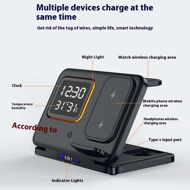 Wireless Chargers Stand 15W wireless charging stand with LED clock, phone, watch, and headphone charging slots.