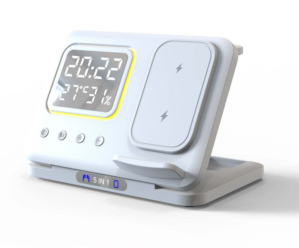 Wireless Chargers Stand 15W wireless charging stand with LED clock, phone, watch, and headphone charging slots.