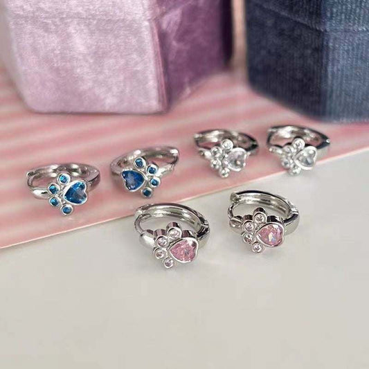 Diamond Studded Love Diamond studded cat paw earrings in pink, blue, and white on alloy material, sweet and cool style.