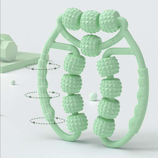 Muscle Relaxation Ring Leg Clip Roller in pink with textured rollers for massage therapy.