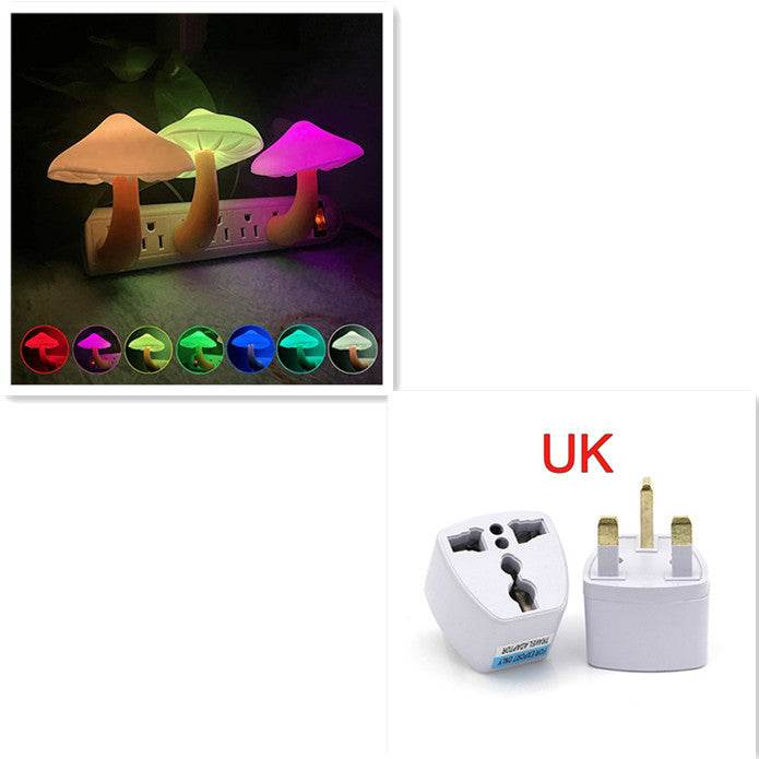 LED Night Light Mushroom Wall Socket Lamp with light-control sensor, EU US Plug, warm white glow for bedroom decoration.