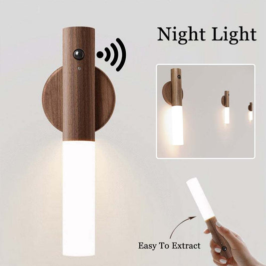 Auto LED USB magnetic wood wireless night light with PIR motion sensor for corridors, showing magnetic installation and soft illumination.