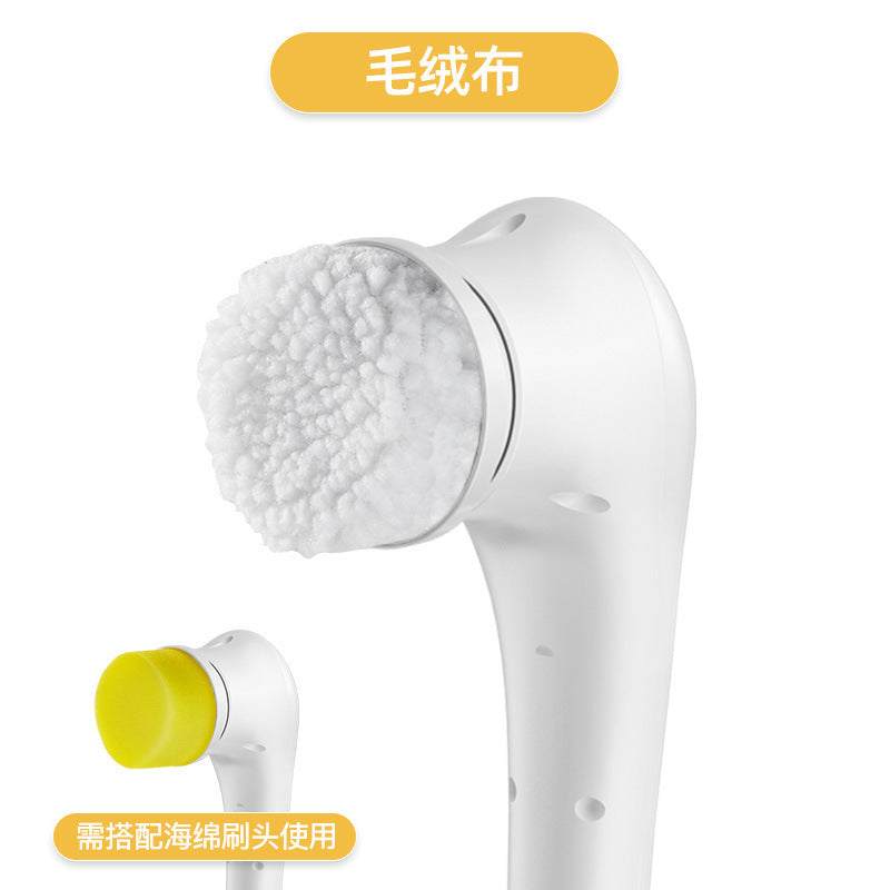 Electric handheld kitchen scrubber with five brush heads for versatile cleaning.