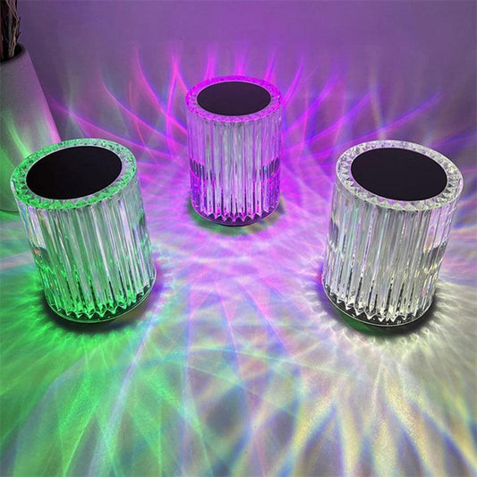 Creative crystal lamp with RGB LED lights, featuring a faux crystal design that blends modern and industrial styles, suitable for home or bedroom use.