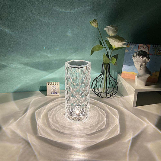 USB Table Lamps Nordic crystal USB table lamp with diamond design, touch dimming, and rose projector effect for bedroom decor.