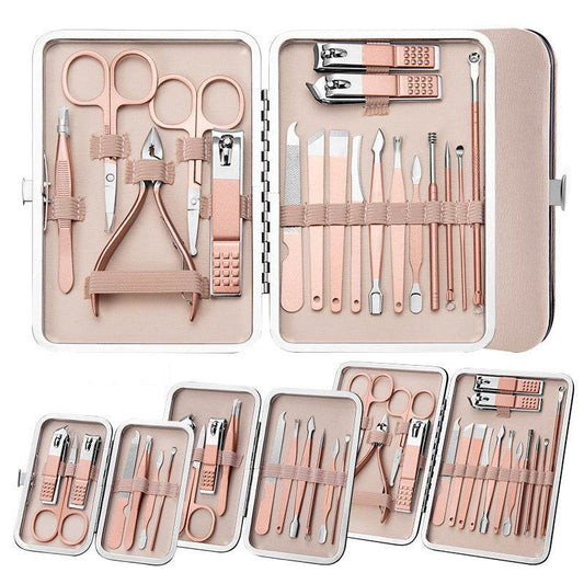 Professional nail clippers set with high-quality stainless steel tools in a rose gold leather case.