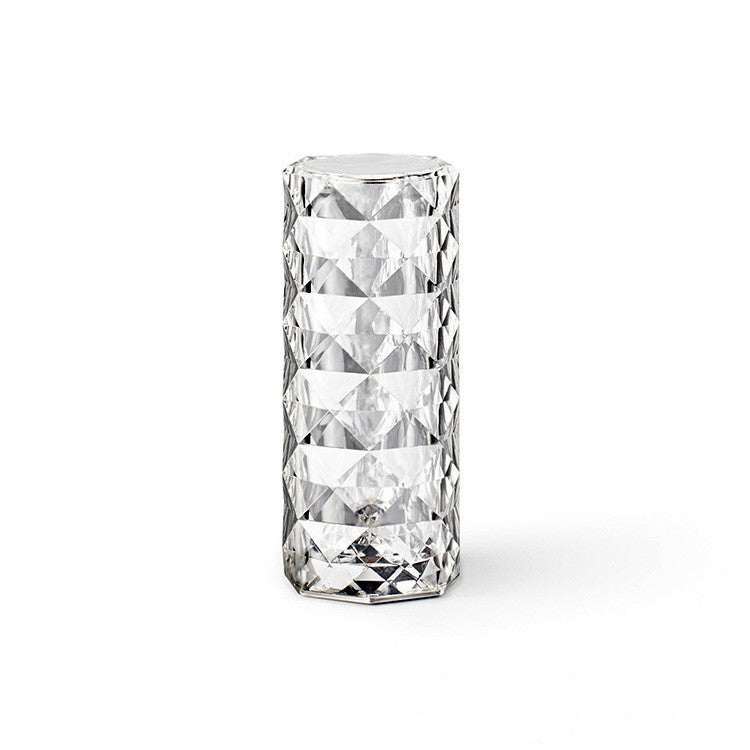 USB Table Lamps Nordic crystal USB table lamp with diamond design, touch dimming, and rose projector effect for bedroom decor.