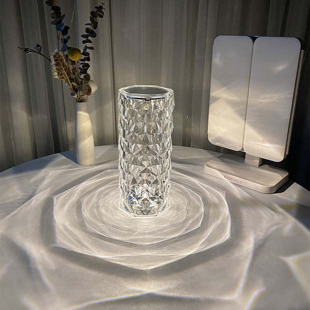 USB Table Lamps Nordic crystal USB table lamp with diamond design, touch dimming, and rose projector effect for bedroom decor.