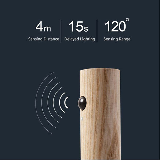 Auto LED USB magnetic wood wireless night light with PIR motion sensor for corridors, showing magnetic installation and soft illumination.
