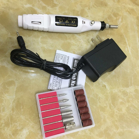 Electric nail polish machine pen with three color options, set of six polishing heads, and USB power line.