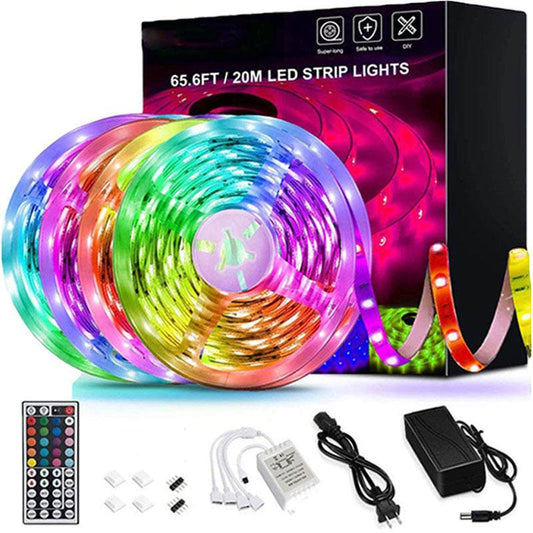 LED Strip Lights 20m RGB Flexible Tape with Remote Controller and Power Supply for Home Decor.