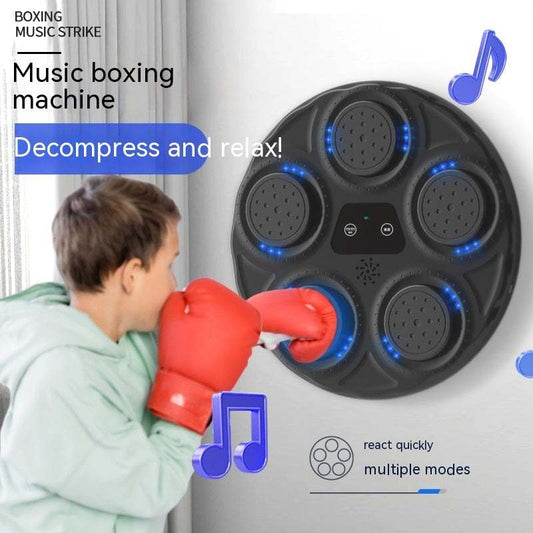 Child using Children's Music Boxing Machine with blue light and red gloves, wall-mounted target promoting stress relief and martial arts practice.Children's Music Boxing