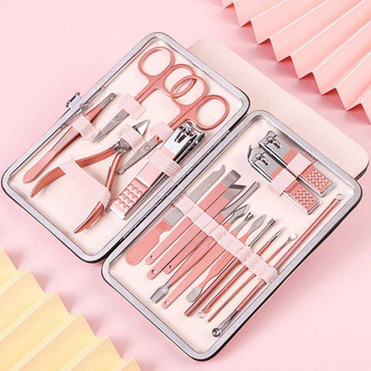 Professional nail clippers set with high-quality stainless steel tools in a rose gold leather case.