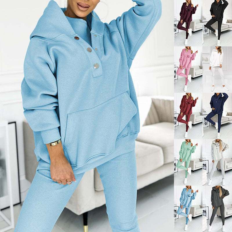 3pcs women's sports suit with hooded sweatshirt, vest, and slim trousers in light blue.