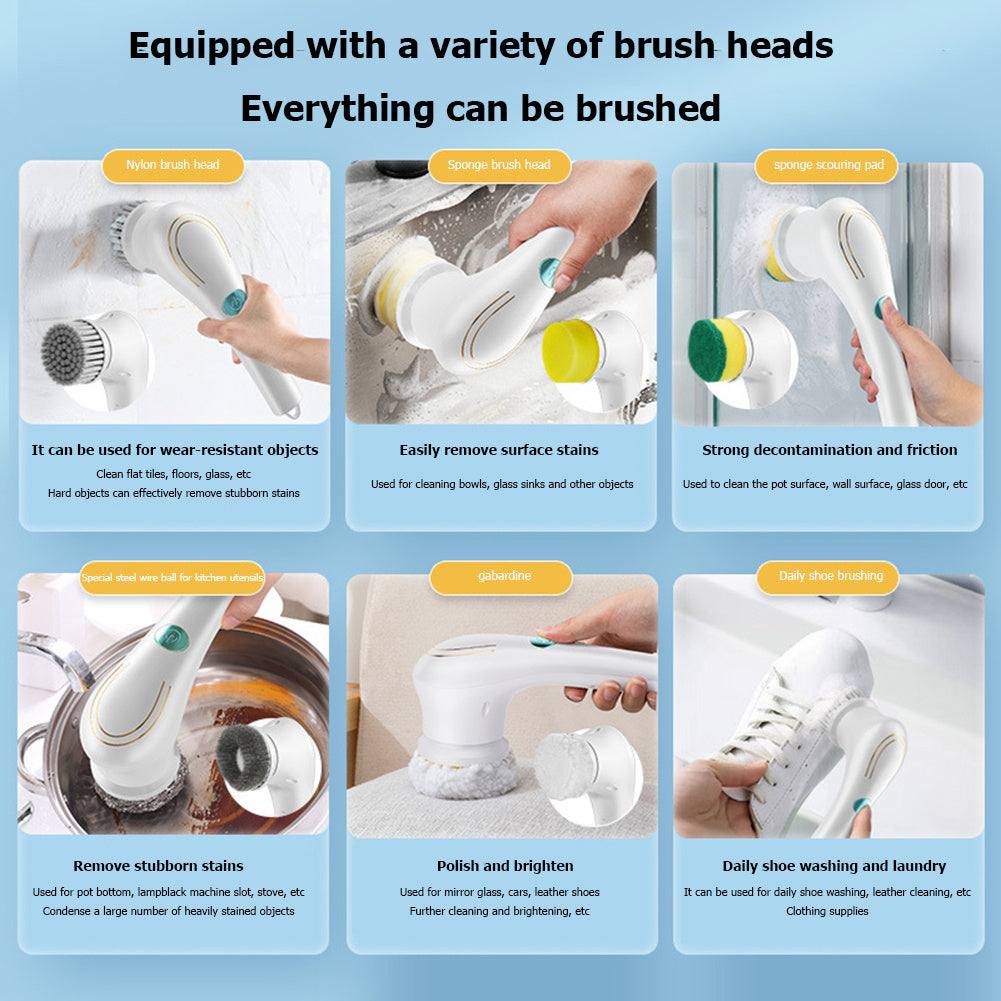 Electric handheld kitchen scrubber with five brush heads for versatile cleaning.
