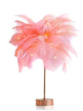 Nordic feather lamp with warm LED lights on a wooden base, perfect for bedroom decoration.