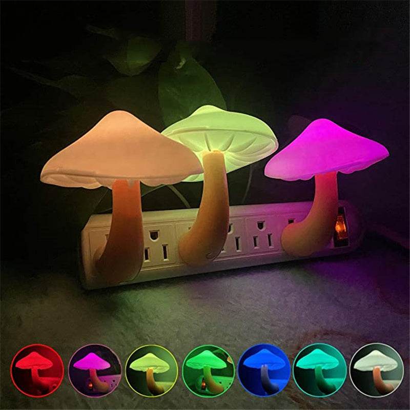 LED Night Light Mushroom Wall Socket Lamp with light-control sensor, EU US Plug, warm white glow for bedroom decoration.