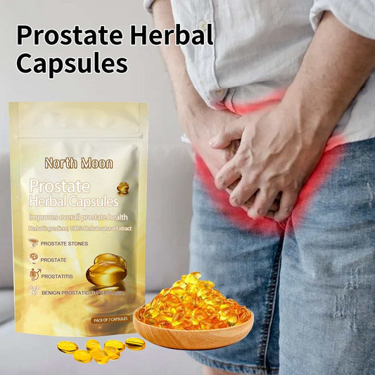 Prostate herbal capsules for male front discomfort relief and body care.