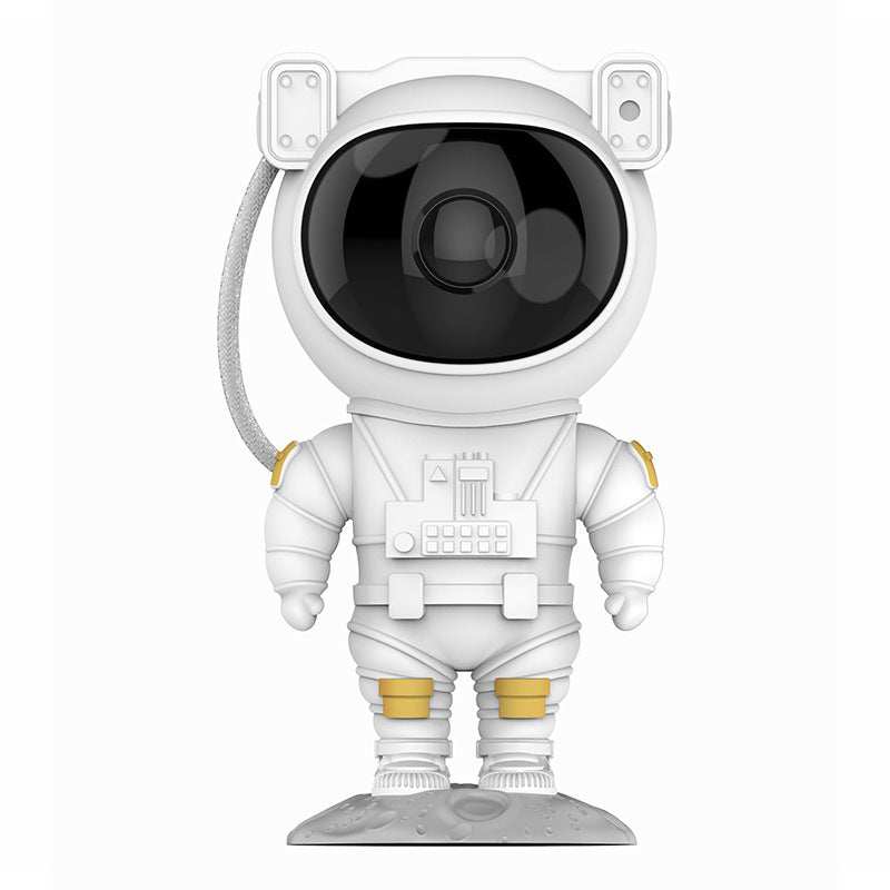 Astronaut-shaped galaxy starry sky projector lamp casting colorful nebula effects on walls.