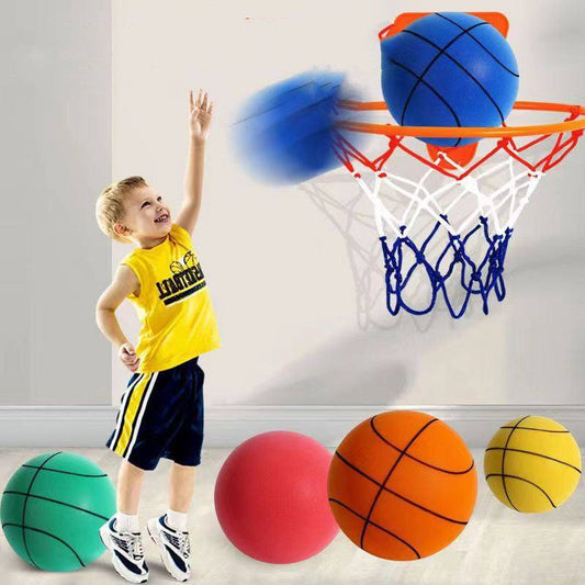 Child playing with Silent Sports Ball indoor basketball set, featuring vibrant bouncy balls in various colors and a hoop.
