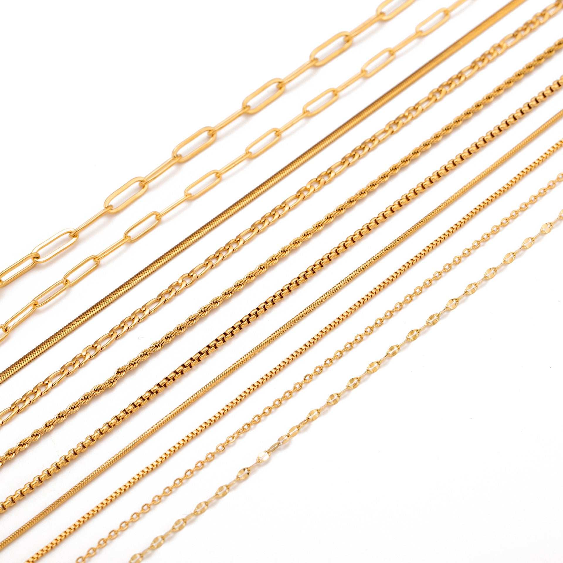 Stainless steel lip chain and accessories with vacuum vapor plating, showcasing 18K gold color protection.