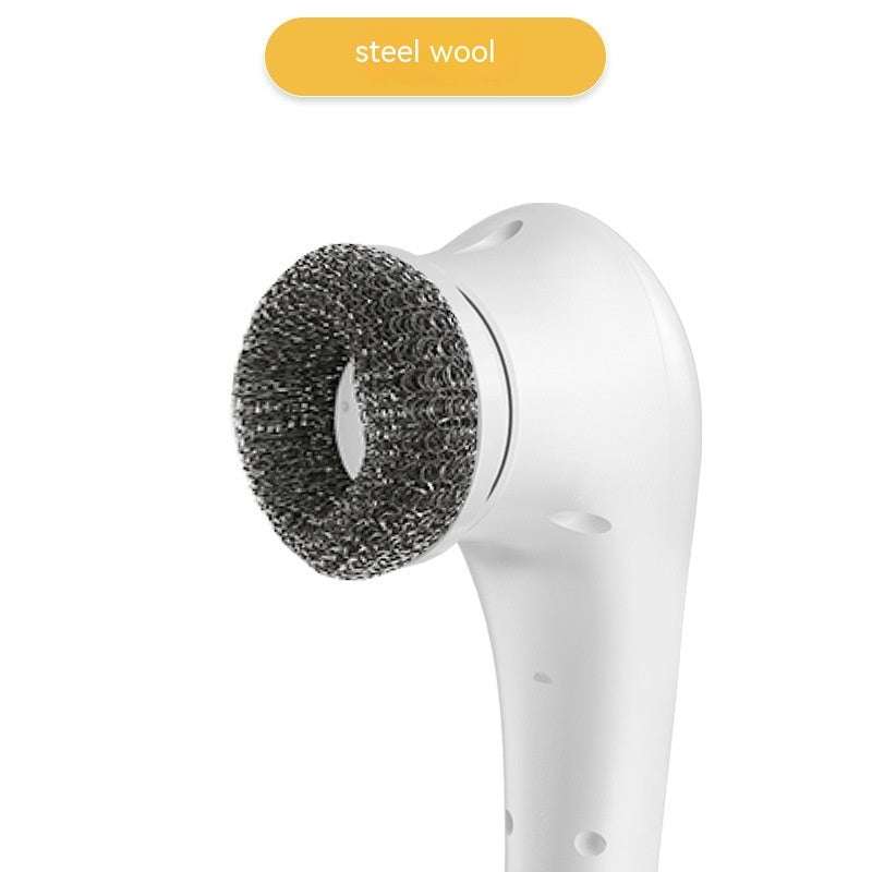 Electric handheld kitchen scrubber with five brush heads for versatile cleaning.