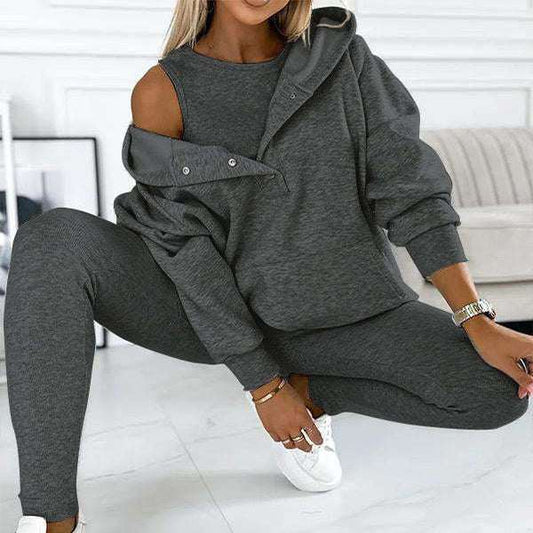 3pcs women's sports suit with hooded sweatshirt, vest, and slim trousers in light blue.