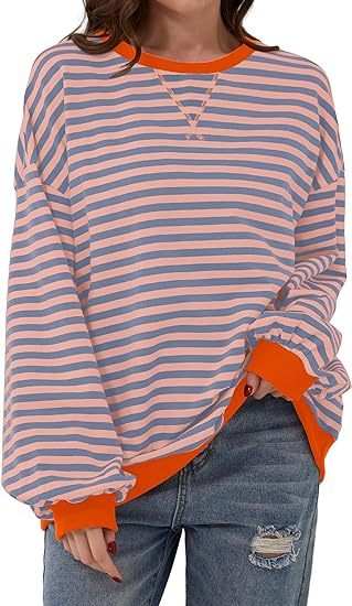 Striped sweatshirt in contrasting blue and white with yellow accents.