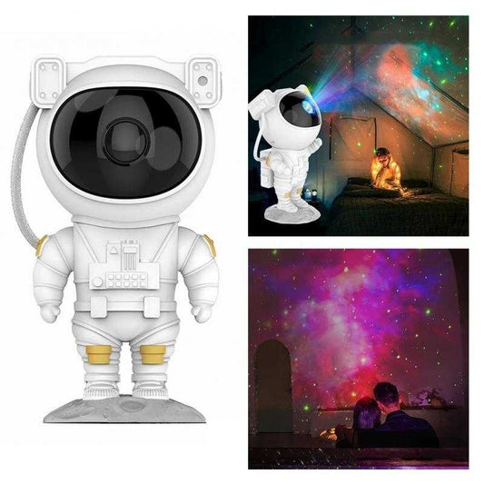 Astronaut-shaped galaxy starry sky projector lamp casting colorful nebula effects on walls.