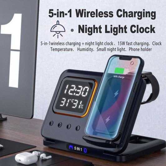Wireless Chargers Stand 15W wireless charging stand with LED clock, phone, watch, and headphone charging slots.