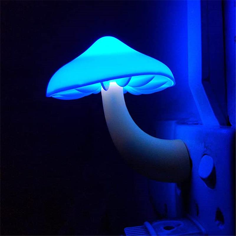 LED Night Light Mushroom Wall Socket Lamp with light-control sensor, EU US Plug, warm white glow for bedroom decoration.