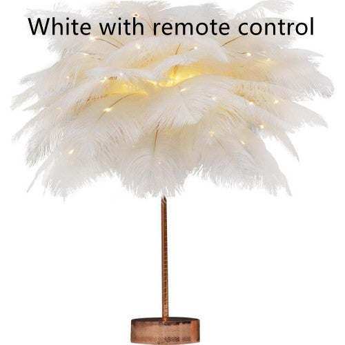 Nordic feather lamp with warm LED lights on a wooden base, perfect for bedroom decoration.