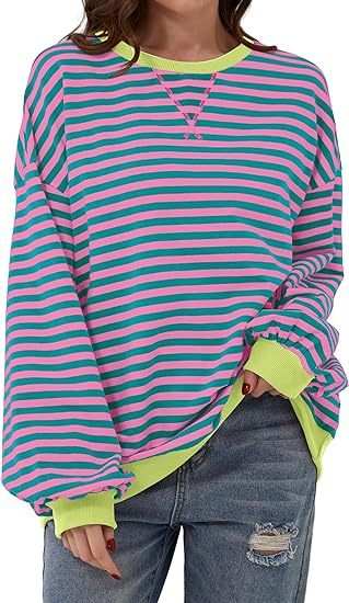 Striped sweatshirt in contrasting blue and white with yellow accents.