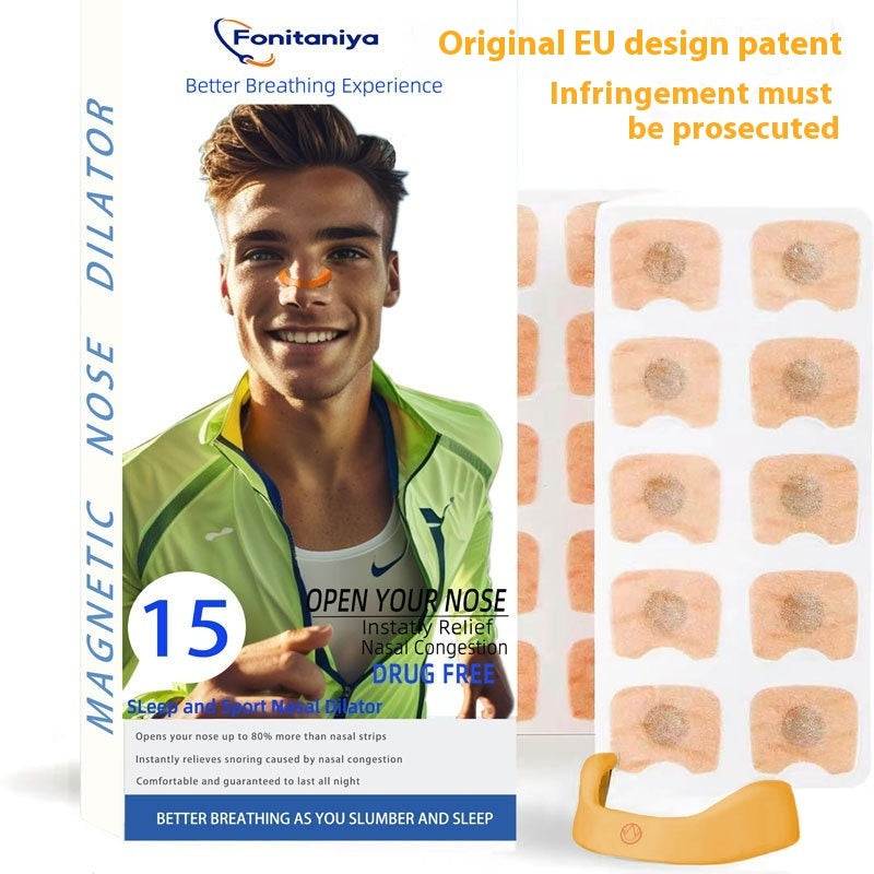 Nasal Respiratory Dilator with magnetic nose clips and adhesive strips for improved airflow.