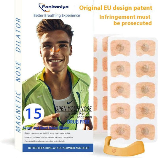 Nasal Respiratory Dilator with magnetic nose clips and adhesive strips for improved airflow.