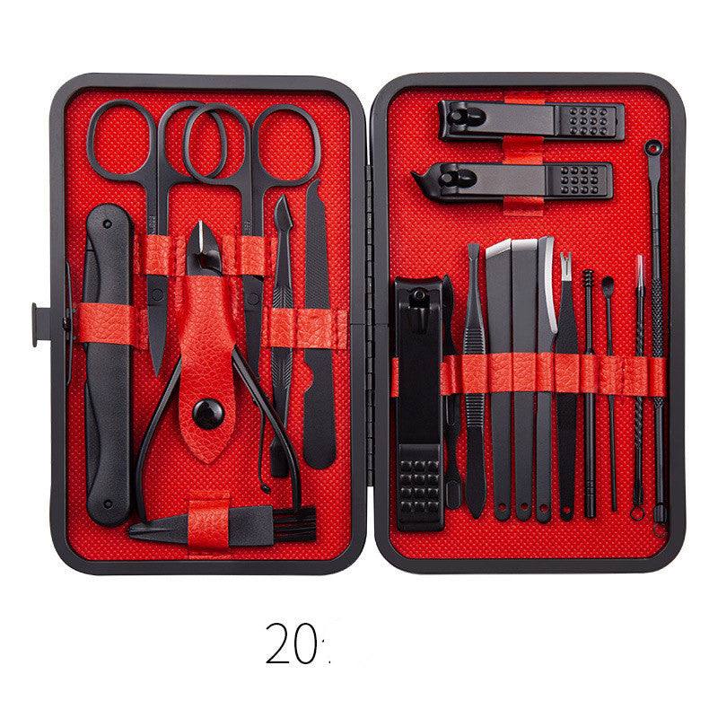 Professional nail clippers set with high-quality stainless steel tools in a rose gold leather case.